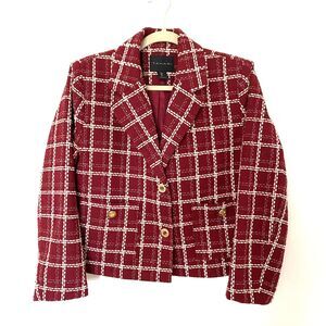 Tahari Plaid Cropped Gold Buttons Lined Tweed Clueless Preppy Jacket Blazer Sz L